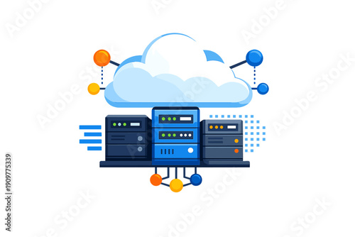 A flat vector illustration of a cloud computing infrastructure with server racks, data storage units, and network nodes connected to a central cloud on a black background.