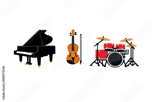 This vector illustration displays three musical instruments: a black grand piano, a wooden violin with a bow, and a red drum set, all isolated on a clean white background.