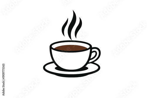 A simple illustration of a white coffee cup filled with dark brown liquid, sitting on a matching saucer with steam rising above it, set against a solid black background.