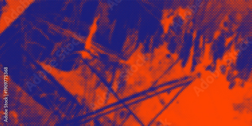 Abstract halftone pattern with red and blue graffiti splashes and drips on dark background, representing modern street art and pop art concept. Vector illustration