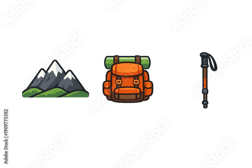 A collection of three hiking icons featuring snow-capped mountains, an orange backpack with a green bedroll, and a trekking pole, all set against a solid black background.