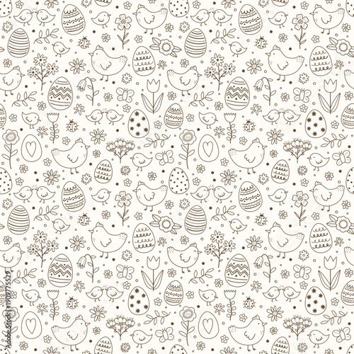 Easter seamless pattern with cute hand drawn eggs, chicks and flowers. Cartoon style background. Vector illustration
