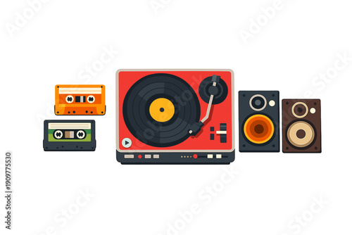 A flat vector illustration of vintage audio equipment including a red turntable with a vinyl record, two cassette tapes, and two speakers set against a solid black background.