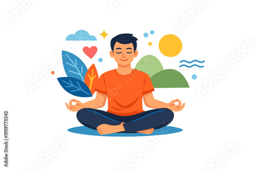 A flat vector illustration of a man meditating in a lotus pose with closed eyes. He is surrounded by stylized nature elements like leaves, hills, a sun, and a heart on a black background.