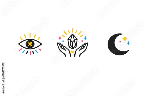 Three mystical icons featuring an eye with a star, hands holding a crystal, and a crescent moon with stars, set against a solid black background in a minimalist vector style.