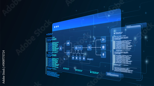 AI workflow automation artificial intelligence. ai agent network diagram dashboard machine learning flow process, coding and automation system.