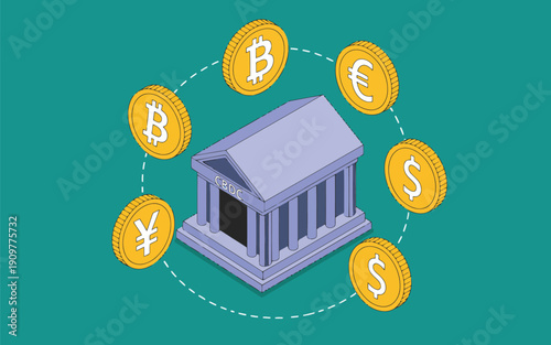Isometric view of a CBDC central bank building surrounded by international currency symbols on a teal background