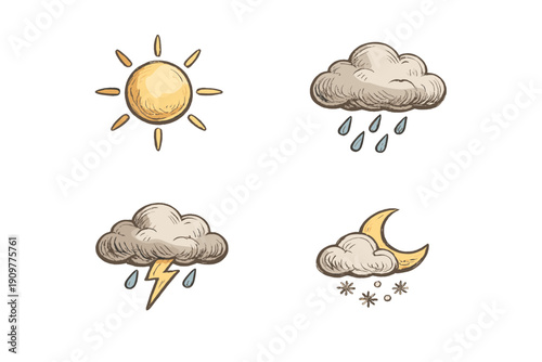 This set of four hand-drawn weather icons includes a sun, a rain cloud, a storm cloud with lightning, and a crescent moon with snow, all set against a black background.