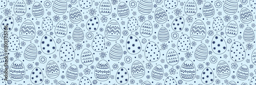 Colourful Easter texture in cartoon style. Hand drawn eggs and flowers. Doodle.  Vector illustration