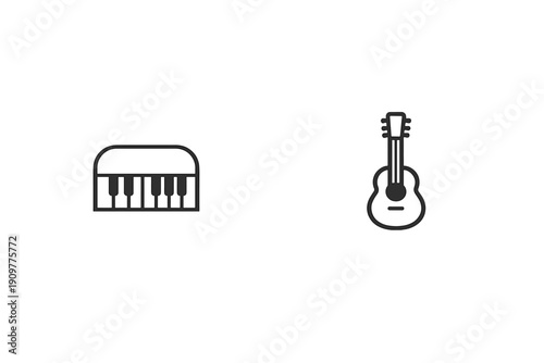 A minimalist black and white illustration featuring line art icons of a piano keyboard and an acoustic guitar. The simple graphic design is set against a dark background with subtle lines.