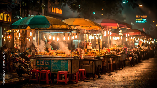Vibrant Bangkok Night Market Street Scene with Neon Lights, Food Stalls, Crowded Thai Night Market Alley with Glowing Neon Signs and Street Food Vendors in Bangkok at Night