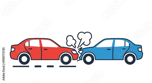 Illustration of a car crash involving a red and blue sedan with smoke