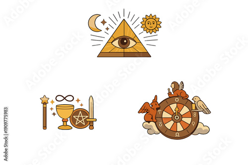 Three mystical illustrations featuring an eye in a pyramid with sun and moon, tarot symbols like a chalice and pentacle, and a wheel of fortune with mythical creatures on black.