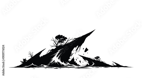 Dramatic black and white illustration of a rocky island with sparse vegetation