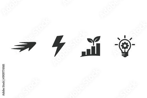 A set of four black minimalist icons on a white background representing speed, energy, sustainable growth, and innovative ideas through a comet, lightning, plant chart, and light bulb.