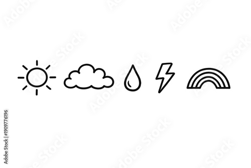 Five minimalist black line icons representing weather elements like sun, cloud, rain, lightning, and rainbow are arranged in a horizontal row against a solid black background.
