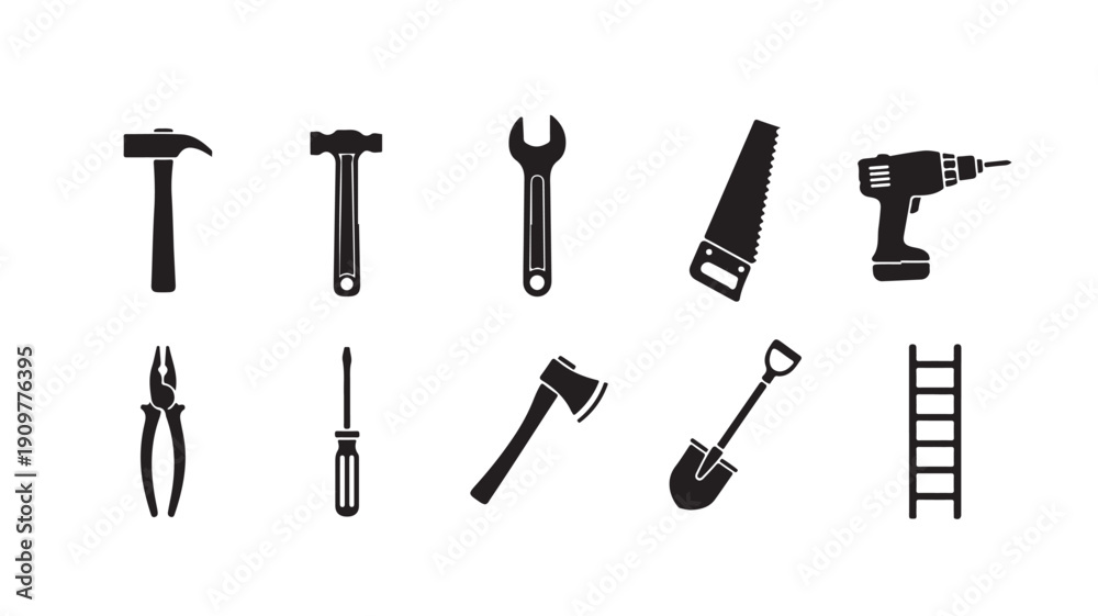 Obraz premium Set of 10 Black Construction Tools Icons Vector