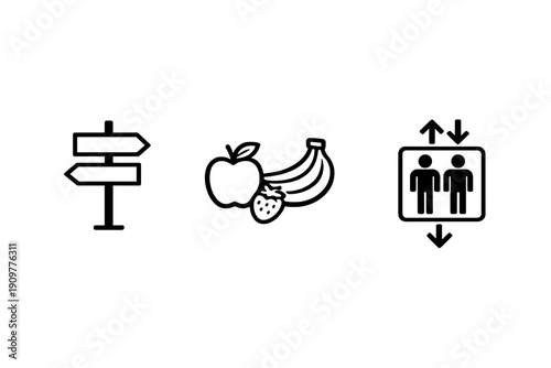 A minimalist black and white graphic showing a group of fruits including an apple and bananas set between two disposal bins, illustrating concepts of food waste and composting.