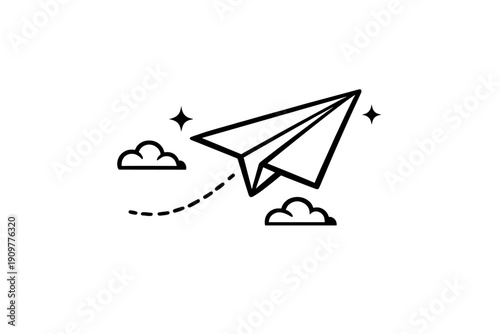 A minimalist line art illustration of a paper airplane flying through the sky, accompanied by clouds, stars, and a dashed flight path, presented in a simple outline style.