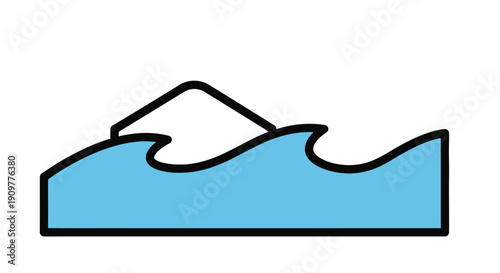 Simple illustration of an iceberg floating in blue ocean waves outlined in black