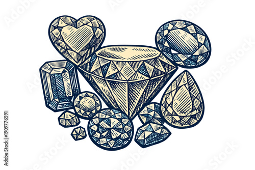 A collection of hand-drawn vintage style illustrations of various faceted gemstones and diamonds in different cuts, including heart, emerald, and pear shapes on a black background.