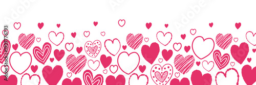 Banner with cute cartoon floating hearts. Background with hand drawn shapes. Doodles. Design for Valentine’s Day, Mother’s Day and Women’s Day. Vector illustration