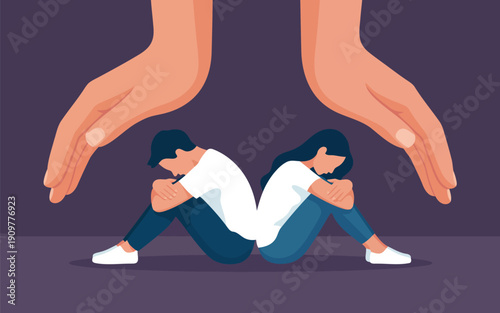 Large compassionate hands provide symbolic protection over a sad man and woman sitting back to back