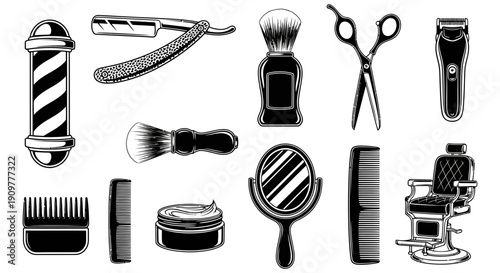Collection of Barbershop Tools and Accessories for Grooming and Haircutting Services in a Professional Setting from a Direct View Whisk