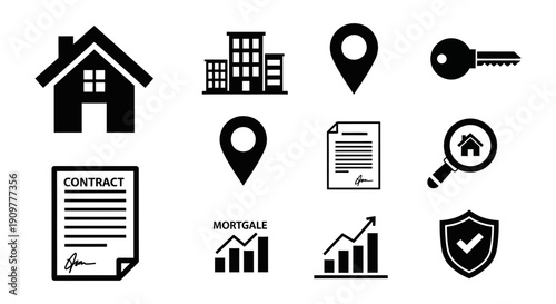 Collection of Real Estate Icons Representing Property Transactions and Documents in a Simple Graphic Format from a Direct Viewpoint