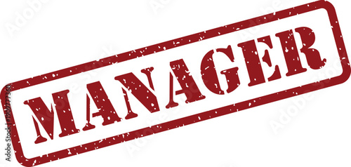 Distressed red rectangular rubber stamp prominently displaying the word MANAGER on a clear white surface