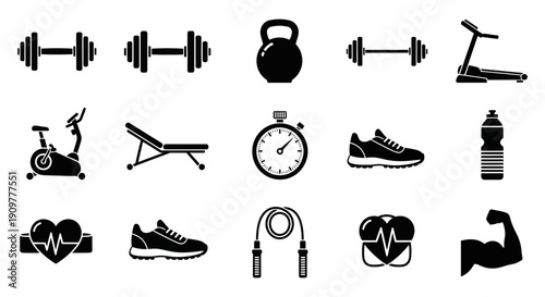 Fitness and exercise icon set featuring various gym equipment and accessories promoting a healthy lifestyle and physical activity for men and women