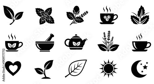 Collection of various subtle white line art icons representing tea time beverages and related elements displayed against a dark minimalist background illustrating beverage concepts perfectly.