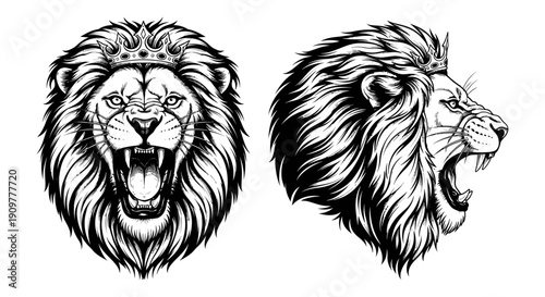 Majestic lion head illustrations with crown and flowing mane in bold black and white artwork, showcasing regal animal designs perfect for tattoos or graphic designs.