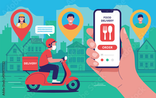 Masked delivery person on red scooter transports package while hand holds smartphone food ordering app