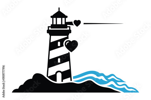 Lighthouse with hearts and ocean waves, romantic coastal graphic