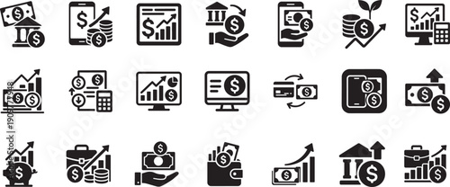   Money and finance icons set with banking, payments, savings and investment black symbols.