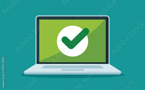 Modern laptop displays a bright green checkmark indicating successful completion or verification on its screen
