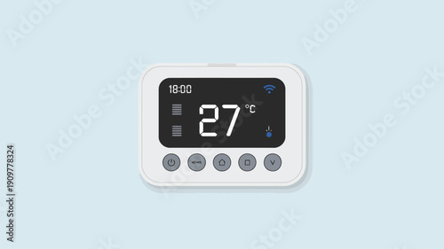 Modern smart home thermostat displaying time and temperature with digital control buttons