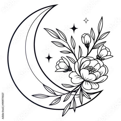 Elegant crescent moon with blooming peonies and stars line art vector illustration for mystical designs