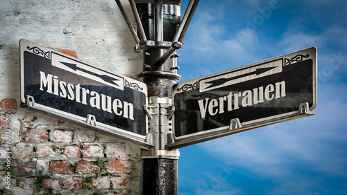 Tableau sur toile Signposts the direct way to trust versus mistrust