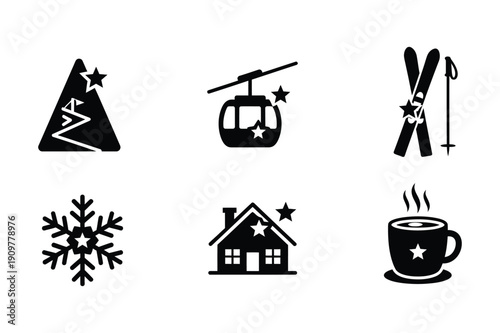 Winter sports and holiday icons, ski resort symbols