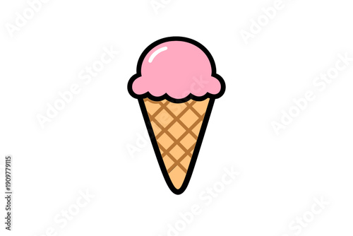 A simple illustration of a single scoop of pink strawberry ice cream on a waffle cone, isolated against a solid black background. The artwork features bold black outlines and a clean style.