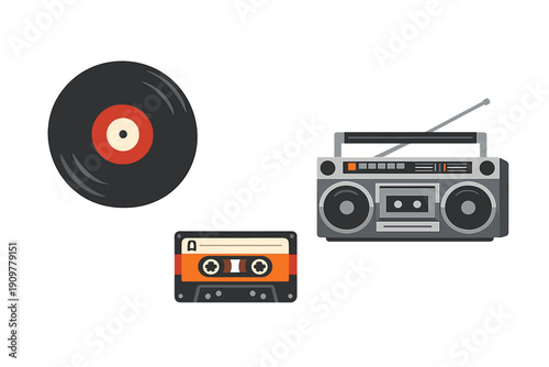 A flat illustration featuring a black vinyl record, an orange cassette tape, and a grey boombox radio set against a solid black background, representing retro music technology.