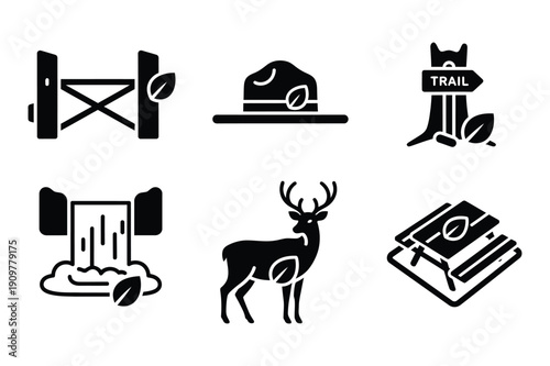 National Park Icons: Camping, Hiking, Nature, Waterfall, Deer, Trail