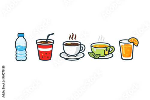 A collection of five beverage icons including a water bottle, soda cup, hot coffee, green tea, and orange juice, all presented in a flat illustration style on a black background.