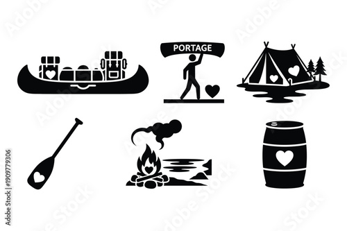 Camping Adventure Icons: Canoe, Tent, Campfire, Portage, Barrel, Paddle