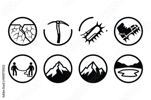 Mountain Climbing Icons: Crevasse, Ice Axe, Crampons, Boot, Rope, Peak