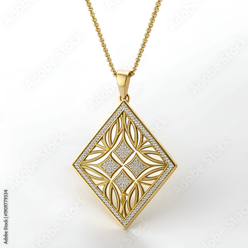 Modern abstract diamond pendant necklace with asymmetrical design.