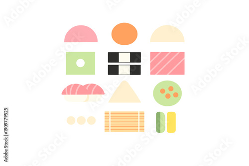 A minimalist flat illustration of various sushi and Japanese food items, including nigiri, maki, and onigiri, arranged in a grid pattern on a solid black background.