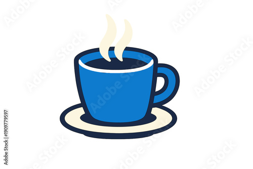 A simple vector illustration of a blue coffee cup sitting on a white saucer with two wisps of steam rising from the hot beverage inside, set against a dark black background.